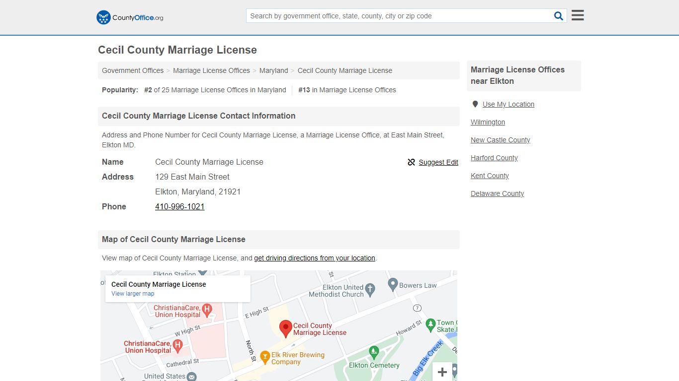 Cecil County Marriage License - Elkton, MD (Address and Phone)